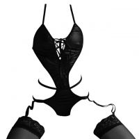 L1290 - Baju Tidur Dinas Malam Wanita Lingerie Set Stocking Seksi Tali Silang Hitam Garter