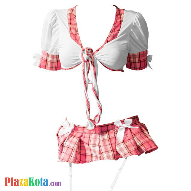 L1292 - Lingerie Costume Cosplay Seksi Tema Pelajar Seragam Sekolah Student Putih Lengan Pendek Rok Mini Pink - Photo 1