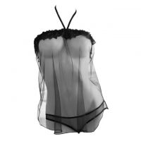 L1295 - Baju Tidur Dinas Malam Wanita Lingerie Babydoll Mini Dress Seksi Halter Hitam Transparan