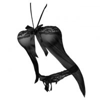 L1297 - Baju Tidur Dinas Malam Wanita Lingerie Babydoll Mini Dress Seksi Halter Hitam Transparan Crotchless