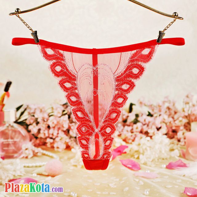 GS366 - Celana Dalam Wanita G-String Seksi T-Back Merah Tepi Bordir - Photo 1