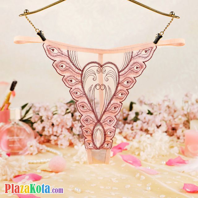 GS368 - Celana Dalam Wanita G-String Seksi T-Back Krem Tepi Bordir - Photo 1