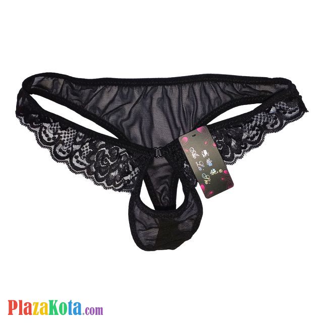 GP073 - Celana Dalam Pria G-String Seksi Hitam Transparan Renda Lubang Depan - Photo 1