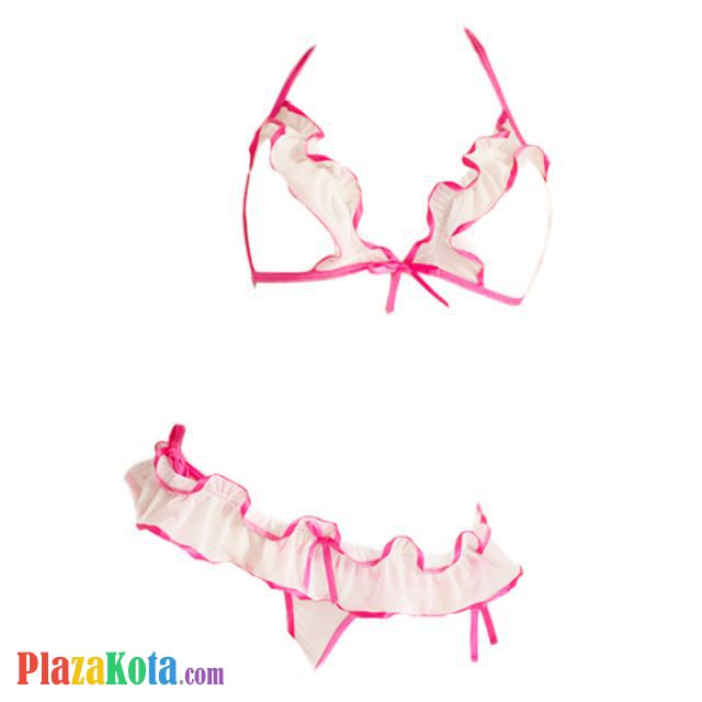 B355 - Pakaian Dalam Wanita Bra Set Bralette Seksi Halter Open Cup Putih Tali Magenta Crotchless - Photo 1