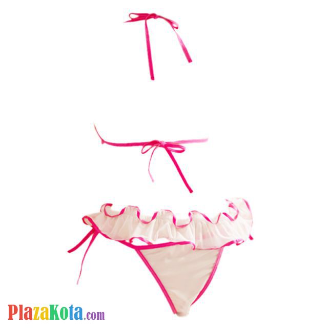 B355 - Pakaian Dalam Wanita Bra Set Bralette Seksi Halter Open Cup Putih Tali Magenta Crotchless - Photo 2