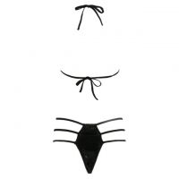 B357 - Pakaian Dalam Wanita Bra Set Bralette Seksi Halter Hitam Tali 3 Ring Gold - 2