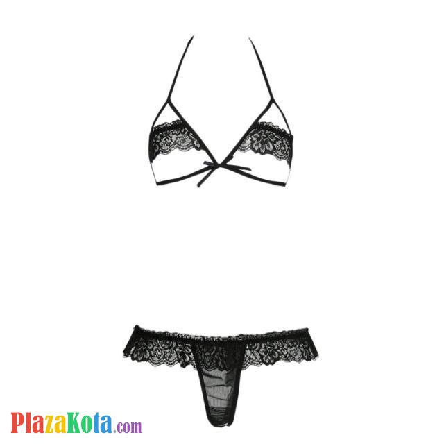 B358 - Pakaian Dalam Wanita Bra Set Bralette Seksi Halter Open Cup Hitam Crotchless - Photo 1