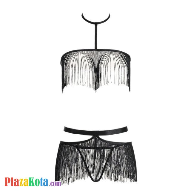 B359 - Pakaian Dalam Wanita Bra Set Bralette Seksi Halter Hitam Rumbai - Photo 1