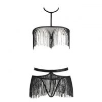 B359 - Pakaian Dalam Wanita Bra Set Bralette Seksi Halter Hitam Rumbai