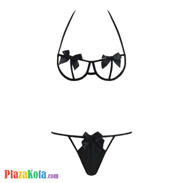 B360 - Pakaian Dalam Wanita Bra Set Kawat Underwire Seksi Halter Open Cup Hitam - Photo 1