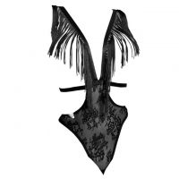 L1303 - Baju Tidur Dinas Malam Wanita Lingerie Teddy Bodysuit Seksi Hitam Transparan Rumbai-Rumbai