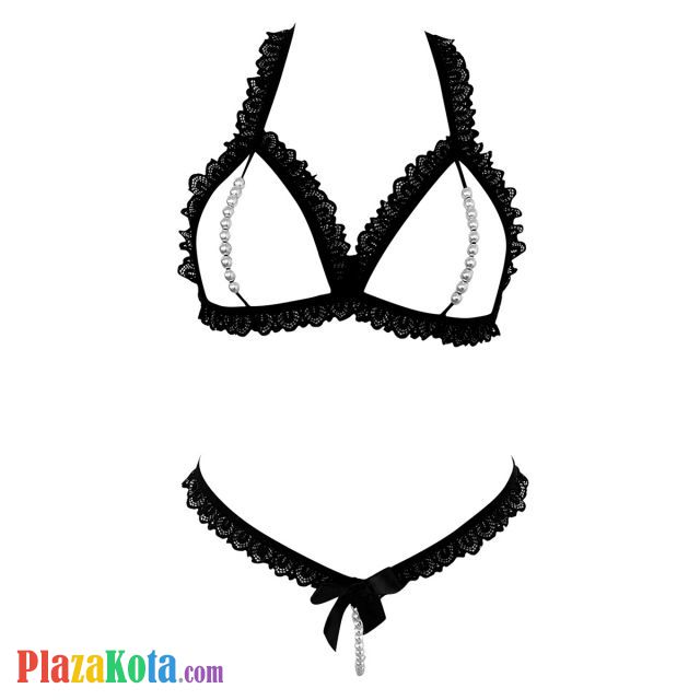 B362 - Pakaian Dalam Wanita Bra Set Bralette Seksi Halter Open Cup Hitam Mutiara - Photo 1