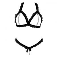 B362 - Pakaian Dalam Wanita Bra Set Bralette Seksi Halter Open Cup Hitam Mutiara