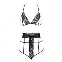 B363 - Pakaian Dalam Wanita Bra Set Bralette Seksi Halter Open Cup Hitam