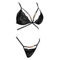 B368 - Pakaian Dalam Wanita Bra Set Bralette Seksi Hitam Rantai Koin Gold