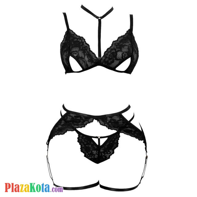 B369 - Pakaian Dalam Wanita Bra Set Bralette Seksi Open Cup Hitam Garter Belt Paha
