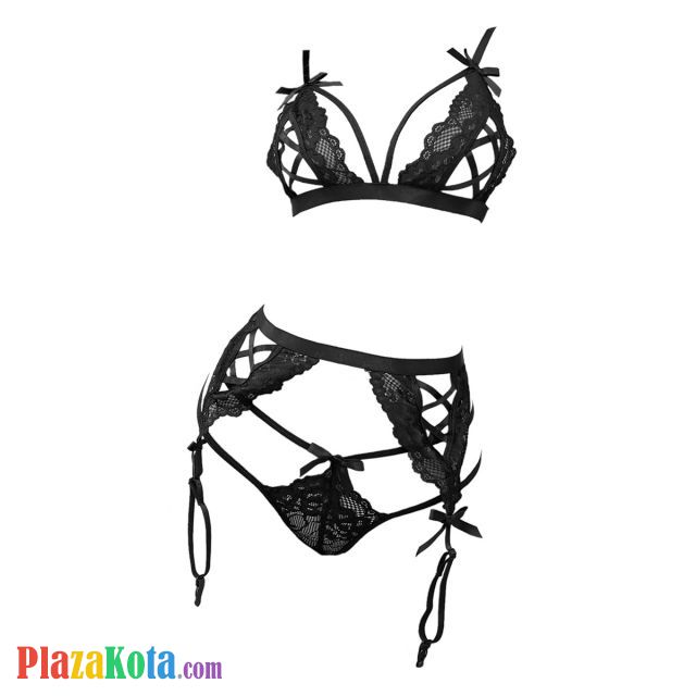 B370 - Pakaian Dalam Wanita Bra Set Bralette Seksi Open Cup Hitam Garter Belt Stocking - Photo 1