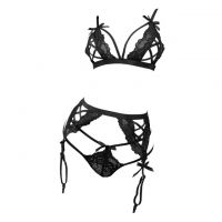 B370 - Pakaian Dalam Wanita Bra Set Bralette Seksi Open Cup Hitam Garter Belt Stocking