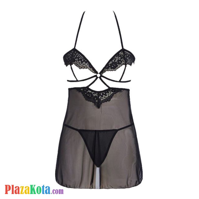 L1307 - Baju Tidur Dinas Malam Wanita Lingerie Babydoll Mini Dress Seksi Halter Open Cup Hitam Transparan - Photo 1