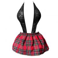 L1308 - Lingerie Costume Cosplay Seksi Tema Pelajar Seragam Sekolah Student Halter Hitam Transparan Rok Mini Merah