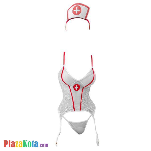 L1309 - Lingerie Costume Cosplay Seksi Tema Suster Perawat Nurse Putih Transparan Bando Garter Stocking - Photo 1