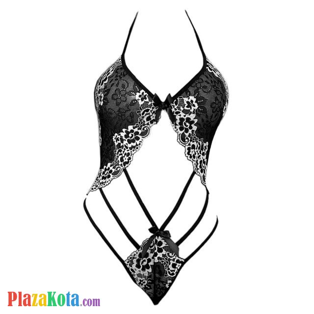 L1311 - Baju Tidur Dinas Malam Wanita Lingerie Teddy Bodysuit Seksi Halter Hitam Transparan Bordir Bunga Putih - Photo 1