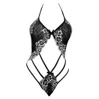 L1311 - Baju Tidur Dinas Malam Wanita Lingerie Teddy Bodysuit Seksi Halter Hitam Transparan Bordir Bunga Putih