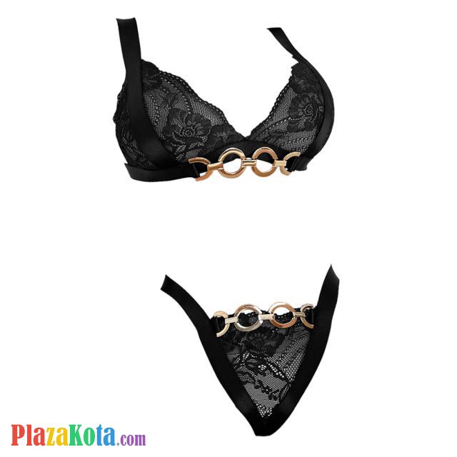 B371 - Pakaian Dalam Wanita Bra Set Bralette Seksi Hitam Transparan Rantai Gold - Photo 1