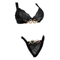 B371 - Pakaian Dalam Wanita Bra Set Bralette Seksi Hitam Transparan Rantai Gold