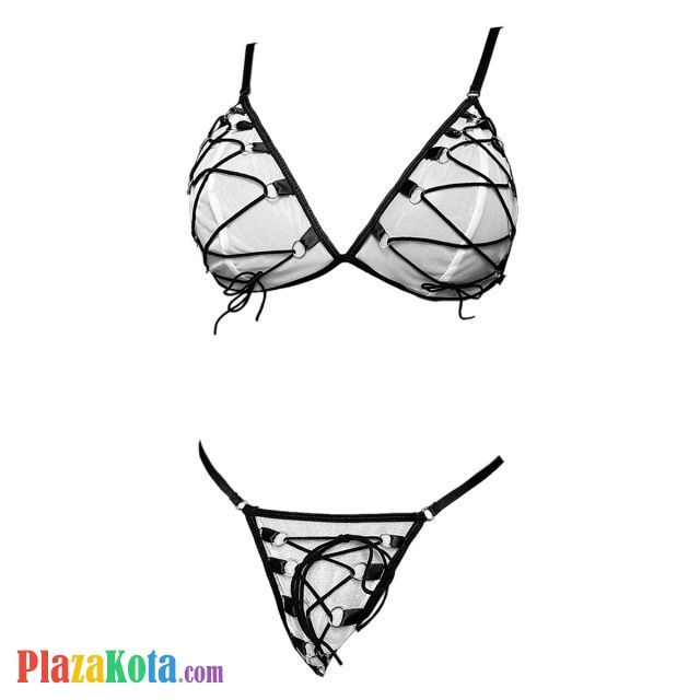 B372 - Pakaian Dalam Wanita Bra Set Bralette Seksi Putih Transparan Panties Thong Tali Silang-Silang - Photo 1