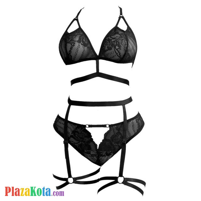 B373 - Pakaian Dalam Wanita Bra Set Bralette Seksi Halter Hitam Transparan Panties Hipster Tali Garter - Photo 1