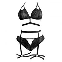 B373 - Pakaian Dalam Wanita Bra Set Bralette Seksi Halter Hitam Transparan Panties Hipster Tali Garter