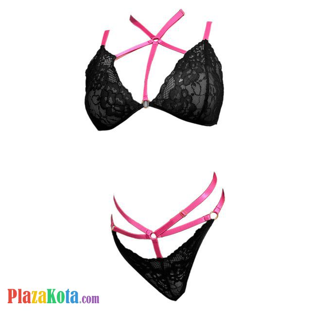 B374 - Pakaian Dalam Wanita Bra Set Bralette Seksi Hitam Transparan Tali Magenta - Photo 1