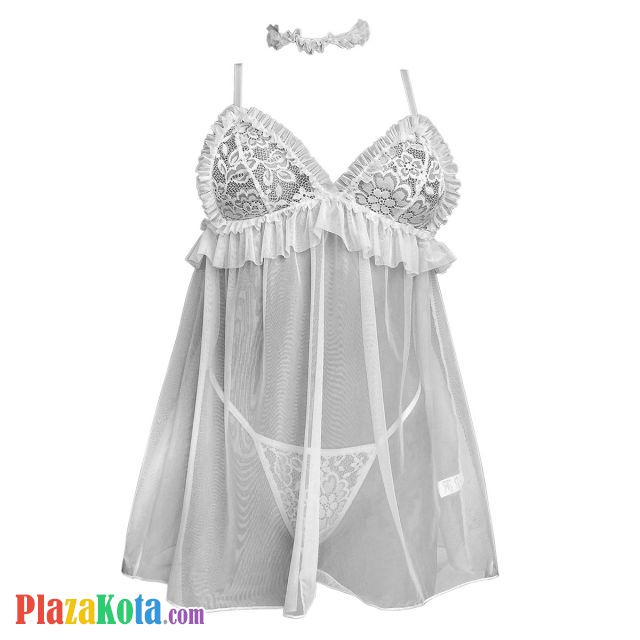 L1312 - Baju Tidur Dinas Malam Wanita Lingerie Mini Dress Gaun Pendek Seksi Putih Transparan Kalung Choker - Photo 1
