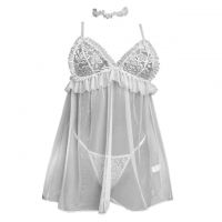 L1312 - Baju Tidur Dinas Malam Wanita Lingerie Mini Dress Gaun Pendek Seksi Putih Transparan Kalung Choker