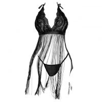 L1314 - Baju Tidur Dinas Malam Wanita Lingerie Babydoll Mini Dress Seksi Halter Hitam Transparan Rumbai