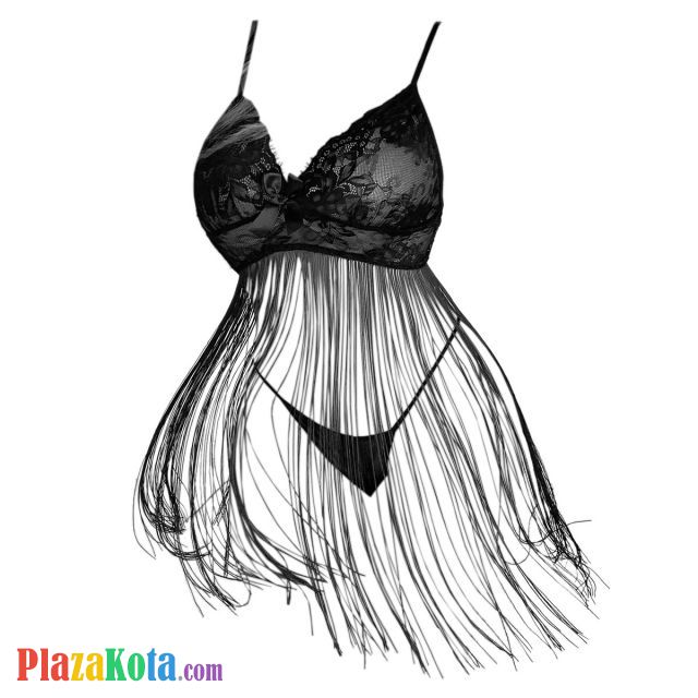 L1315 - Baju Tidur Dinas Malam Wanita Lingerie Babydoll Mini Dress Seksi Hitam Transparan Rumbai - Photo 1