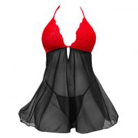 L1316 - Baju Tidur Dinas Malam Wanita Lingerie Mini Dress Gaun Pendek Seksi Halter Hitam Transparan Kombinasi Merah