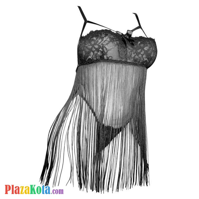 L1321 - Baju Tidur Dinas Malam Wanita Lingerie Babydoll Mini Dress Seksi Tali Silang Hitam Transparan Rumbai - Photo 1