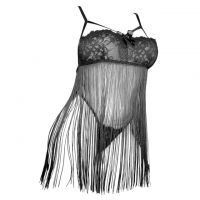 L1321 - Baju Tidur Dinas Malam Wanita Lingerie Babydoll Mini Dress Seksi Tali Silang Hitam Transparan Rumbai