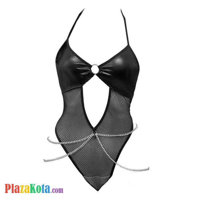 L1322 - Baju Tidur Dinas Malam Wanita Lingerie Teddy Bodysuit Seksi Halter Hitam Jaring Rantai Silver - Photo 1