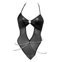 L1322 - Baju Tidur Dinas Malam Wanita Lingerie Teddy Bodysuit Seksi Halter Hitam Jaring Rantai Silver