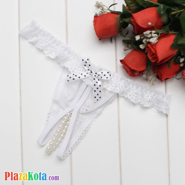 GS371 - Celana Dalam Wanita G-String Mutiara Seksi Crotchless Putih Karet Renda - Photo 2