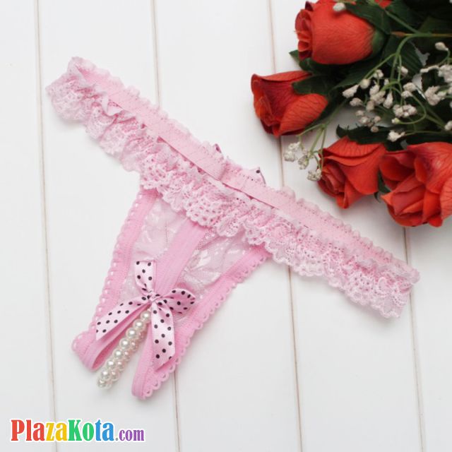 GS372 - Celana Dalam Wanita G-String Mutiara Seksi Crotchless Pink Karet Renda - Photo 1