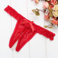 GS373 - Celana Dalam Wanita G-String Mutiara Seksi Crotchless Merah Karet Renda - 2