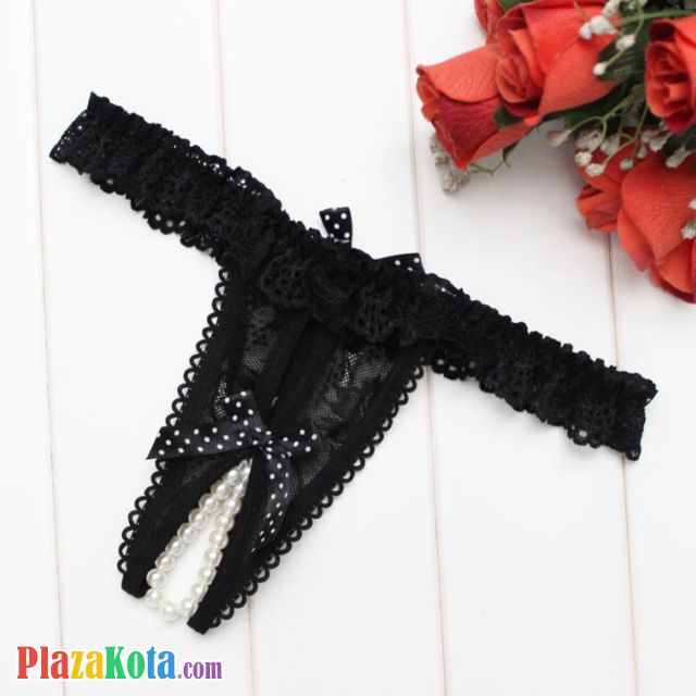 GS374 - Celana Dalam Wanita G-String Mutiara Seksi Crotchless Hitam Karet Renda - Photo 1