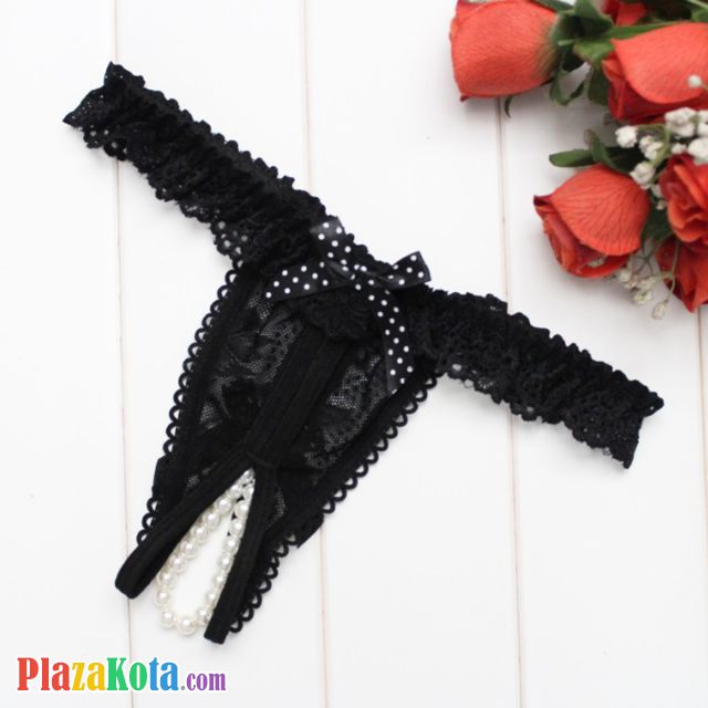 GS374 - Celana Dalam Wanita G-String Mutiara Seksi Crotchless Hitam Karet Renda - Photo 2