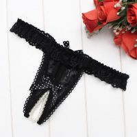 GS374 - Celana Dalam Wanita G-String Mutiara Seksi Crotchless Hitam Karet Renda