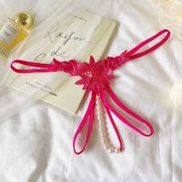 GS375 - Celana Dalam Wanita G-String Mutiara Seksi Crotchless Magenta Brokat Bunga