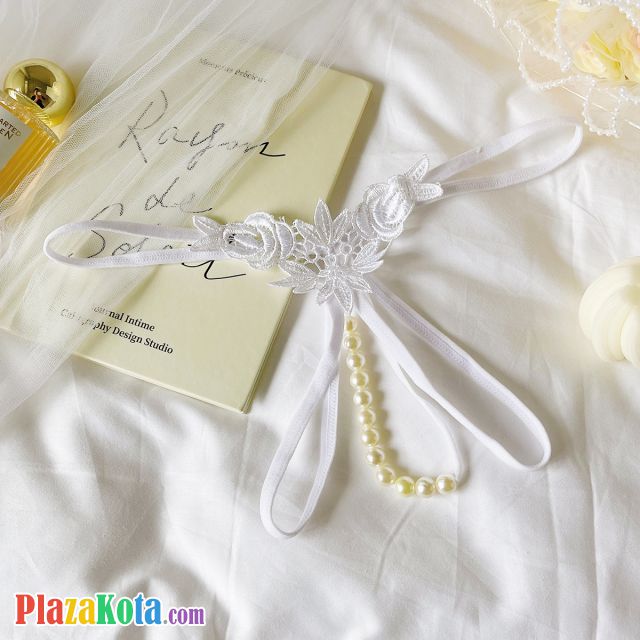 GS376 - Celana Dalam Wanita G-String Mutiara Seksi Crotchless Putih Brokat Bunga - Photo 1